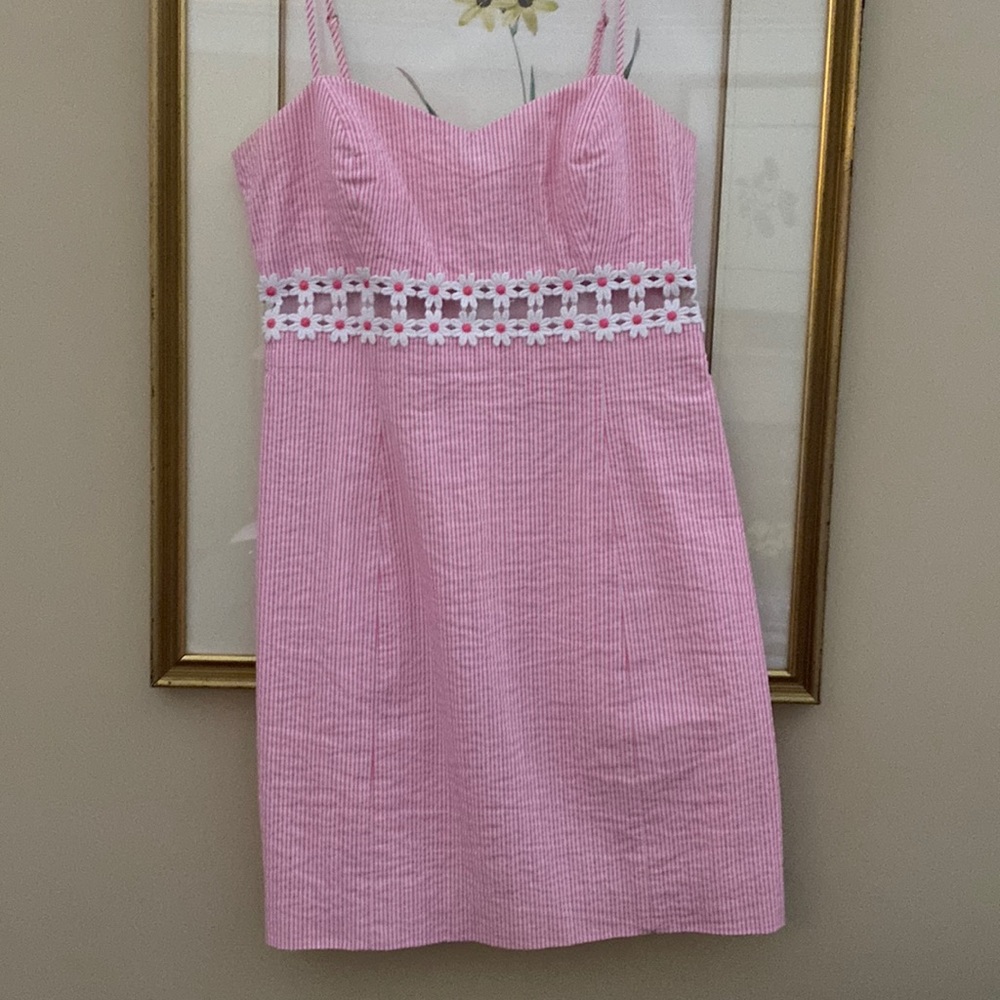 Lilly Pulitzer Pink White Stripe Seersucker Sundress with White Floral Lace Trim